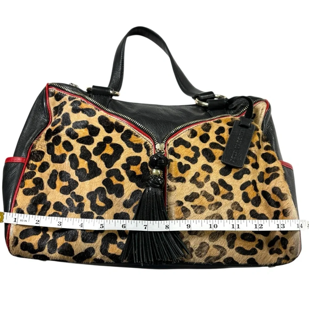 Aqua Madonna Leopard Calf Hair Large Leather Shoulder Bag Red Tassel Zip Satchel - Picture 14 of 15